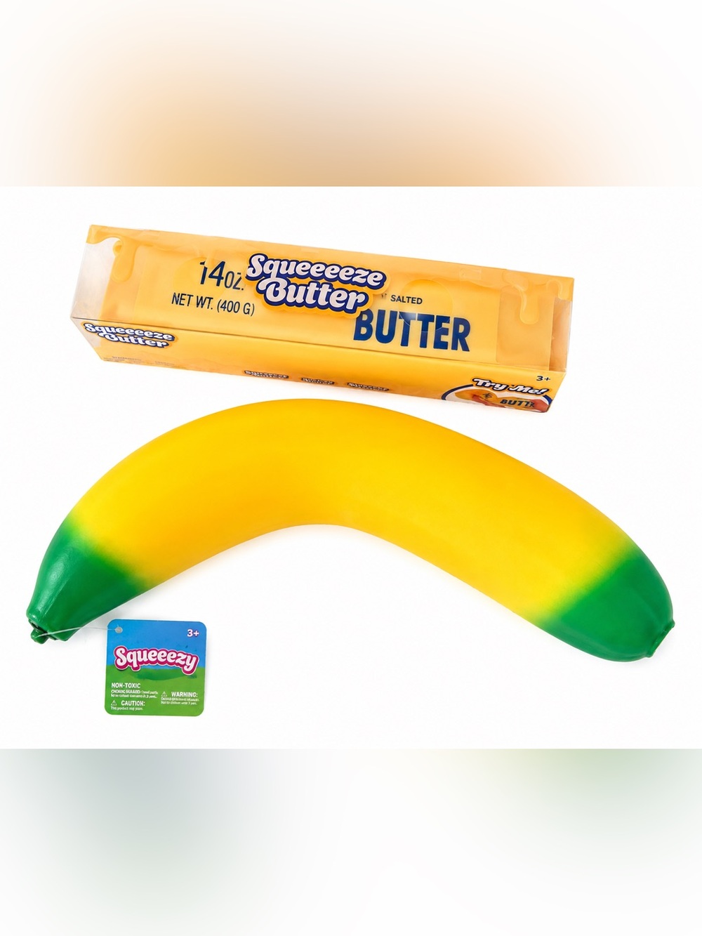 Viral Food Squishy Bundle – Laffy Snacks Giant Banana + 14oz Squeezy Butter